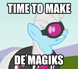 Size: 687x606 | Tagged: safe, edit, edited screencap, imported from derpibooru, screencap, photo finish, earth pony, pony, green isn't your color, season 1, accent, de magicks, dialogue, female, image macro, impact font, large ham, mare, reaction image, solo