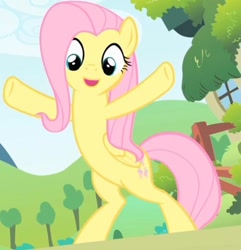Size: 568x588 | Tagged: safe, imported from derpibooru, screencap, fluttershy, pegasus, pony, arms wide open, bipedal, cute, flutterzilla, open mouth, open smile, shyabetes, smiling