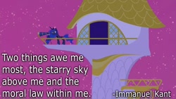 Size: 800x450 | Tagged: safe, artist:wisdomhoof, edit, edited screencap, imported from derpibooru, screencap, princess luna, pony, a canterlot wedding, female, immanuel kant, night, quote, solo, telescope, text, tower