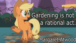 Size: 800x450 | Tagged: safe, artist:wisdomhoof, edit, edited screencap, imported from derpibooru, screencap, applejack, pony, sweet and elite, dirt, female, mud, muddy hooves, quote, solo, text