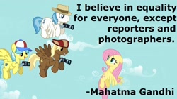 Size: 800x450 | Tagged: dead source, safe, artist:wisdomhoof, edit, edited screencap, imported from derpibooru, screencap, big shot, eff stop, fluttershy, shutterfly, tracy flash, green isn't your color, camera, mahatma gandhi, quote, text