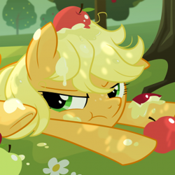 Size: 300x300 | Tagged: safe, artist:equestria-prevails, imported from derpibooru, applejack, annoyed, apple, applejack is not amused, cropped, food, solo, unamused