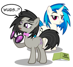 Size: 6731x6196 | Tagged: safe, artist:austiniousi, imported from derpibooru, dj pon-3, octavia melody, vinyl scratch, earth pony, pony, unicorn, absurd resolution, accessory swap, alternate hairstyle, book, bowtie, comic, cutie mark, female, glasses, hooves, horn, mare, open mouth, simple background, smiling, sunglasses, teeth, text, transparent background, vector, wub