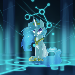 Size: 2025x2025 | Tagged: safe, artist:equestria-prevails, imported from derpibooru, galaxy (g1), majesty, alicorn, pony, alicornified, black islands, crown, ethereal mane, female, g1, glow, glowing, hoof shoes, jewelry, looking at you, mare, peytral, race swap, regalia, sitting, solo, starry mane