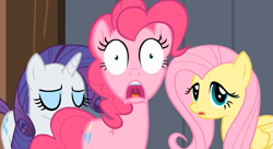 Size: 637x347 | Tagged: safe, imported from derpibooru, screencap, fluttershy, pinkie pie, rarity, out of context