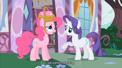 Size: 640x355 | Tagged: safe, imported from derpibooru, screencap, pinkie pie, rarity, party of one, youtube caption