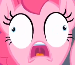 Size: 350x305 | Tagged: safe, edit, edited screencap, imported from derpibooru, screencap, pinkie pie, earth pony, pony, cropped, d:, derp, faic, female, mare, no nose, open mouth, ponkie poy, solo, tongue out, uvula, wat, wide eyes