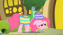 Size: 640x355 | Tagged: safe, imported from derpibooru, screencap, gummy, pinkie pie, party of one, youtube caption