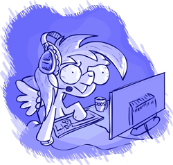 Size: 879x836 | Tagged: safe, imported from derpibooru, rainbow dash, pegasus, pony, bloodshot eyes, computer, computer mouse, female, headphones, keyboard, mare, monochrome, mug, solo, spread wings, wings