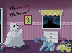Size: 800x582 | Tagged: safe, imported from derpibooru, spike (g1), dragon, earth pony, pony, unicorn, ball, bedsheet ghost, clothes, colored claws, costume, cowering, doll, female, filly, foal, g1, ghost costume, halloween, halloween costume, looking up, male, night, scared, squirmy, teddy bear, toy, trio, wiggles