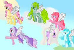 Size: 900x614 | Tagged: safe, artist:walldaisy, imported from derpibooru, forget me not, honeysuckle, lily (g1), morning glory, peach blossom, rosedust, flutter pony, female, forget-me-not, g1, g1 to g4, g4, generation leap