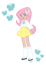 Size: 496x696 | Tagged: safe, artist:breadpuddi, imported from derpibooru, fluttershy, human, breasts, clothes, delicious flat chest, female, flattershy, humanized, simple background, skirt, solo, white background