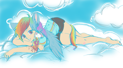 Size: 805x444 | Tagged: safe, artist:shauntinasha, imported from derpibooru, rainbow dash, human, barefoot, cloud, cloudy, eared humanization, feet, female, humanized, solo, tailed humanization, tattoo, winged humanization