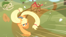 Size: 1344x756 | Tagged: safe, artist:thatoneboxtosser, imported from derpibooru, applejack, pony, action pose, apple, cart, female, solo, working