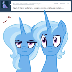 Size: 1000x1000 | Tagged: safe, artist:ask-flam, imported from derpibooru, flam, trixie, ask flam, ask, rule 63, sham, tristan, tumblr