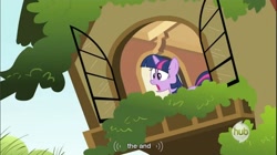 Size: 856x478 | Tagged: safe, imported from derpibooru, screencap, twilight sparkle, dragon quest, hub logo, youtube caption