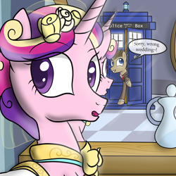 Size: 4000x4000 | Tagged: safe, artist:pustulioooooo, imported from derpibooru, doctor whooves, princess cadance, time turner, alicorn, earth pony, pony, clothes, crossover, doctor who, dress, female, male, mare, mirror, stallion, tardis, the doctor, time travel, wedding dress