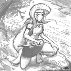 Size: 1000x1000 | Tagged: safe, artist:johnjoseco, imported from derpibooru, fluttershy, human, clothes, crossover, grayscale, humanized, monochrome, princess mononoke, san, skirt, solo
