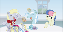 Size: 2990x1532 | Tagged: safe, artist:t-3000, imported from derpibooru, bon bon, carrot top, derpy hooves, golden harvest, lyra heartstrings, sweetie drops, pegasus, pony, 2012, blind bag, bon bon is not amused, brushable, card, clothes, enterplay, female, figure, funko, happy, magic, mare, sad, shirt, smiling, telekinesis, toy, trio, window