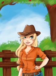 Size: 509x689 | Tagged: safe, artist:innerd, imported from derpibooru, applejack, human, clothes, female, humanized, solo