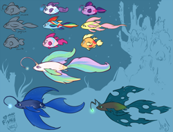 Size: 1441x1100 | Tagged: safe, artist:atryl, imported from derpibooru, applejack, fluttershy, pinkie pie, princess celestia, princess luna, queen chrysalis, rainbow dash, rarity, twilight sparkle, angler fish, fish, original species, fishified, flutterfish, grin, mane six, maybe salmon, my little x, rainbow trout, rarifish, smiling, smirk, species swap