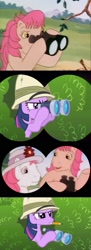 Size: 633x1746 | Tagged: safe, imported from derpibooru, screencap, twilight sparkle, feeling pinkie keen, my little pony tales, who's responsible, binoculars, comparison, g1, g1 to g4, g4, generation leap, hat, pith helmet