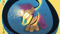 Size: 1280x720 | Tagged: safe, artist:capnpea, edit, imported from derpibooru, scootaloo, bee, glowing eyes, octobriae