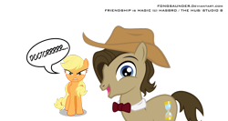 Size: 1600x853 | Tagged: safe, artist:fongsaunder, imported from derpibooru, applejack, doctor whooves, time turner, earth pony, pony, accessory theft, duo, duo male and female, female, hatless, male, mare, missing accessory, simple background, stallion, transparent background