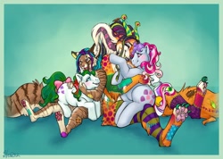 Size: 1250x892 | Tagged: safe, artist:penanggalan, imported from derpibooru, baby gusty, sweet stuff, oc, oc:vera, pony, twinkle eyed pony, cuddling, g1, holding a pony, hug, non-mlp oc