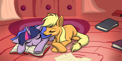 Size: 800x400 | Tagged: safe, artist:calicopikachu, imported from derpibooru, applejack, twilight sparkle, book, eyes closed, female, lesbian, mouth hold, shipping, sleeping, twijack