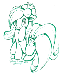 Size: 400x480 | Tagged: safe, artist:senaydragon, imported from derpibooru, earth pony, lilligant, pony, floppy ears, monochrome, pokémon, ponified, simple background, sitting, solo, white background