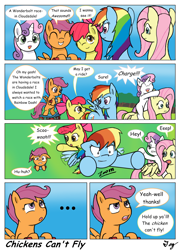 Size: 1200x1650 | Tagged: safe, artist:tikyotheenigma, imported from derpibooru, apple bloom, fluttershy, rainbow dash, scootaloo, sweetie belle, apple bloom riding rainbow dash, comic, cutie mark crusaders, ponies riding ponies, riding, scootaloo can't fly, scooter, sweetie belle riding fluttershy