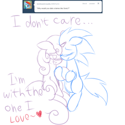 Size: 1000x1000 | Tagged: dead source, safe, artist:tails-doll-lover, imported from derpibooru, sweetie belle, oc, oc:sonic dash, pony, ask, blushing, canon x oc, crossover shipping, female, interspecies, male, ponified, shipping, sonic the hedgehog, sonic the hedgehog (series), sonicbelle, straight, teenage crusaders answers, teenager, tumblr