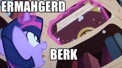 Size: 816x457 | Tagged: safe, edit, edited screencap, imported from derpibooru, screencap, twilight sparkle, pony, the crystal empire, spoiler:s03, ermahgerd, female, image macro, low angle, solo