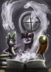 Size: 1280x1829 | Tagged: safe, artist:slawomiro, imported from derpibooru, spike, twilight sparkle, windigo, book, harry potter (series), magic, patronus