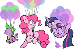 Size: 2500x1700 | Tagged: safe, artist:selective-yellow, imported from derpibooru, pinkie pie, spike, twilight sparkle, dragon, earth pony, pony, unicorn, balloon, blush sticker, blushing, eyes closed, female, floating, lesbian, male, mare, monocle, shipping, simple background, transparent background, trio, twinkie, unicorn twilight