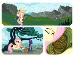 Size: 1024x791 | Tagged: safe, artist:janeesper, imported from derpibooru, fluttershy, pegasus, pony, ansel adams, camera, food, hat, mountain, pinecone, sandwich, scenery, tree