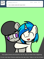 Size: 600x789 | Tagged: safe, artist:erthilo, imported from derpibooru, dj pon-3, octavia melody, vinyl scratch, earth pony, pony, unicorn, ask octavia, ask, female, happy, hug, lesbian, mare, no pupils, scratchtavia, shipping, tumblr