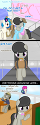 Size: 700x2190 | Tagged: safe, artist:erthilo, imported from derpibooru, beauty brass, dj pon-3, doctor whooves, frederic horseshoepin, octavia melody, pinkie pie, time turner, vinyl scratch, earth pony, parasprite, pony, unicorn, ask discorded whooves, ask octavia, vocational death cruise, ask, blob, boat, comic, discord whooves, discorded, female, hug, male, mare, mouth hold, stallion, suitcase, tumblr