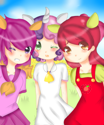 Size: 1024x1229 | Tagged: safe, artist:sparkle-puff-desu, imported from derpibooru, apple bloom, scootaloo, sweetie belle, human, cutie mark crusaders, eared humanization, horned humanization, humanized, winged humanization