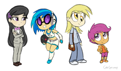 Size: 1300x758 | Tagged: safe, artist:girgrunny, imported from derpibooru, derpy hooves, dj pon-3, octavia melody, scootaloo, vinyl scratch, human, clothes, female, humanized