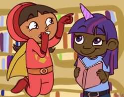 Size: 500x389 | Tagged: safe, artist:level7mew, imported from derpibooru, twilight sparkle, human, book, crossover, dark skin, horned humanization, humanized, word girl, wordgirl