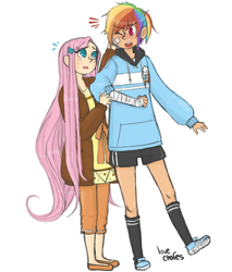 Size: 500x588 | Tagged: dead source, safe, artist:lovechafes, imported from derpibooru, fluttershy, rainbow dash, human, bandage, bandaid, humanized, injured