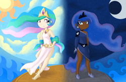 Size: 1834x1200 | Tagged: safe, artist:girgrunny, imported from derpibooru, princess celestia, princess luna, human, dark skin, humanized