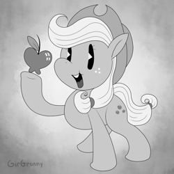 Size: 800x800 | Tagged: safe, artist:girgrunny, imported from derpibooru, applejack, apple, black and white cartoon, monochrome, obligatory apple, old timey