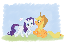 Size: 900x607 | Tagged: safe, artist:lusikka, imported from derpibooru, applejack, rarity, blushing, female, lesbian, rarijack, shipping