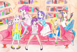 Size: 900x616 | Tagged: safe, artist:jess93, imported from derpibooru, applejack, fluttershy, pinkie pie, rainbow dash, spike, twilight sparkle, human, clothes, converse, dress, humanized, mane seven, shoes, skirt