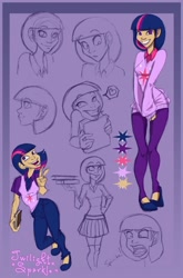 Size: 658x1000 | Tagged: safe, artist:warwind, imported from derpibooru, twilight sparkle, human, book, clothes, facial expressions, female, humanized, sketch dump, solo, sweater, vest