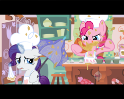 Size: 1280x1024 | Tagged: safe, artist:facelessjr, artist:niggerfaggot, imported from derpibooru, pinkie pie, rarity, apron, baking, chef's hat, clothes, fake screencap, hat, hub logo, messy