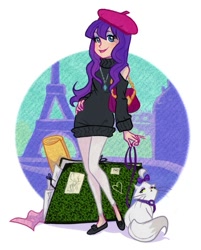 Size: 563x700 | Tagged: safe, artist:yulyeen, imported from derpibooru, opalescence, rarity, cat, human, beatnik rarity, beret, clothes, dress, duo, female, hat, humanized, paris, sweater, sweater dress